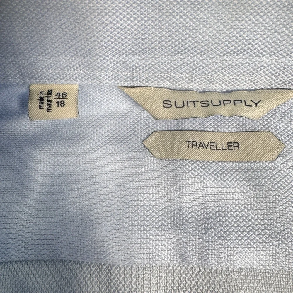 Men's Suit Supply Traveller Shirt Men's 46 18 Slim Fit Blue Twill Button‎ Front